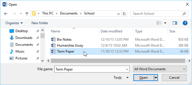 پنجره انتخاب فایل جهت باز کردن در ورد 2016
