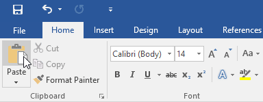 دکمه Paste در زبانه Home در ورد 2016