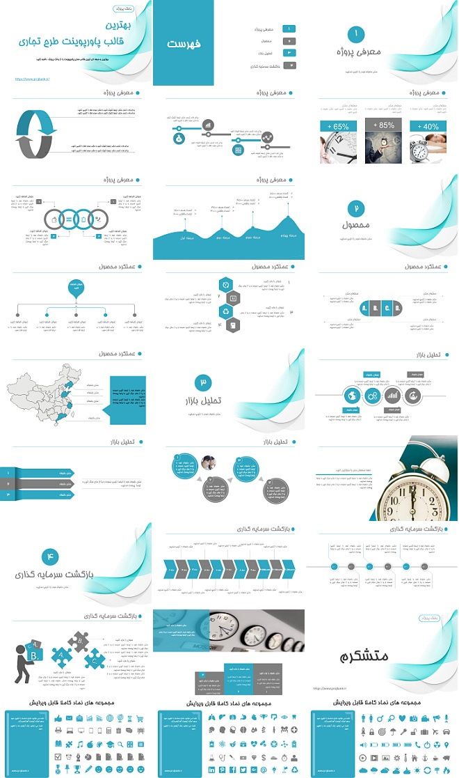 تصاویر تمام اسلاید های قالب آماده پاورپوینت تجاری با چندین چارت و نمودار مختلف