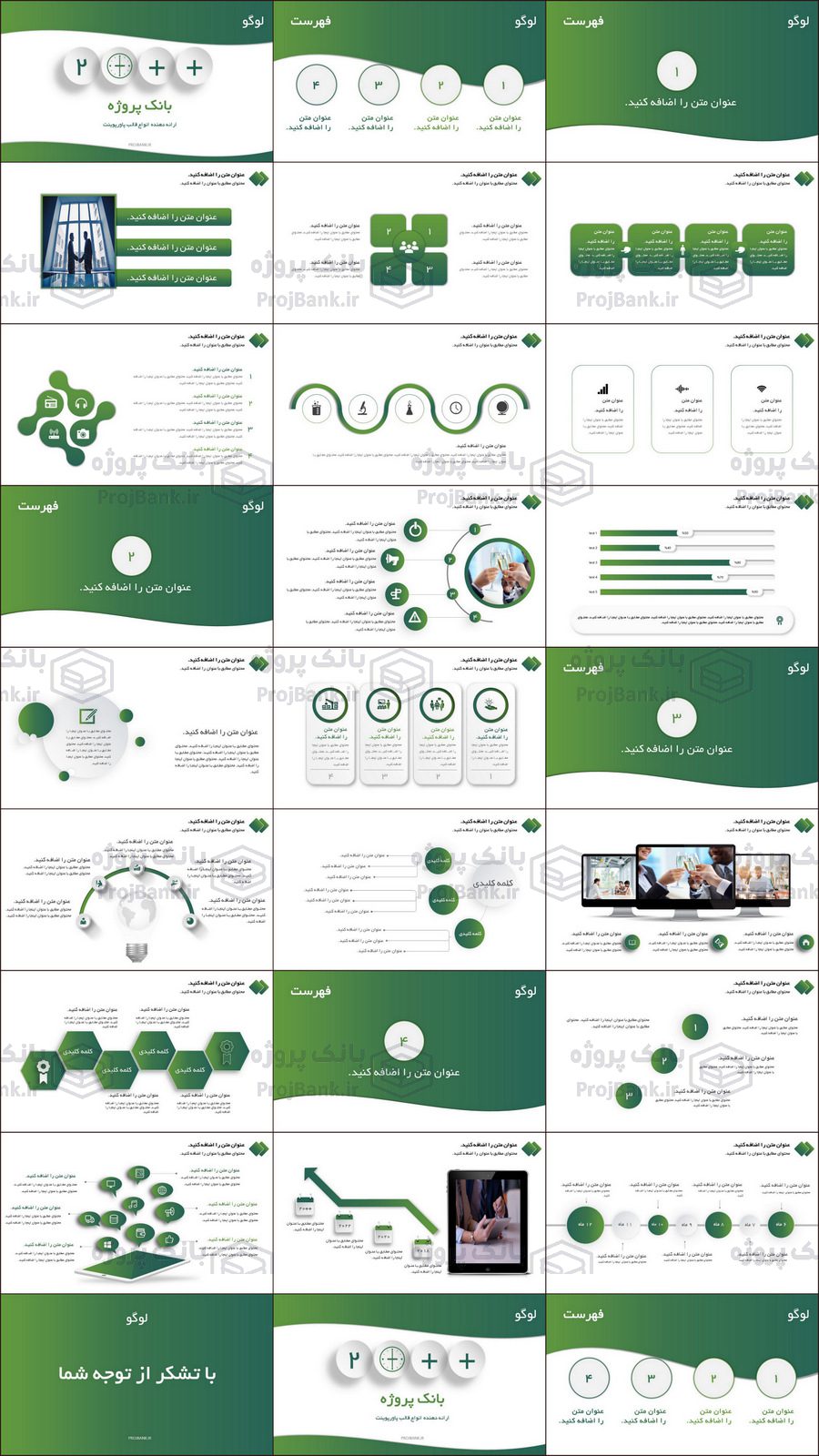 تصویر تمام اسلاید های قالب پاورپوینت تجاری گزارش سالانه با تم سبز